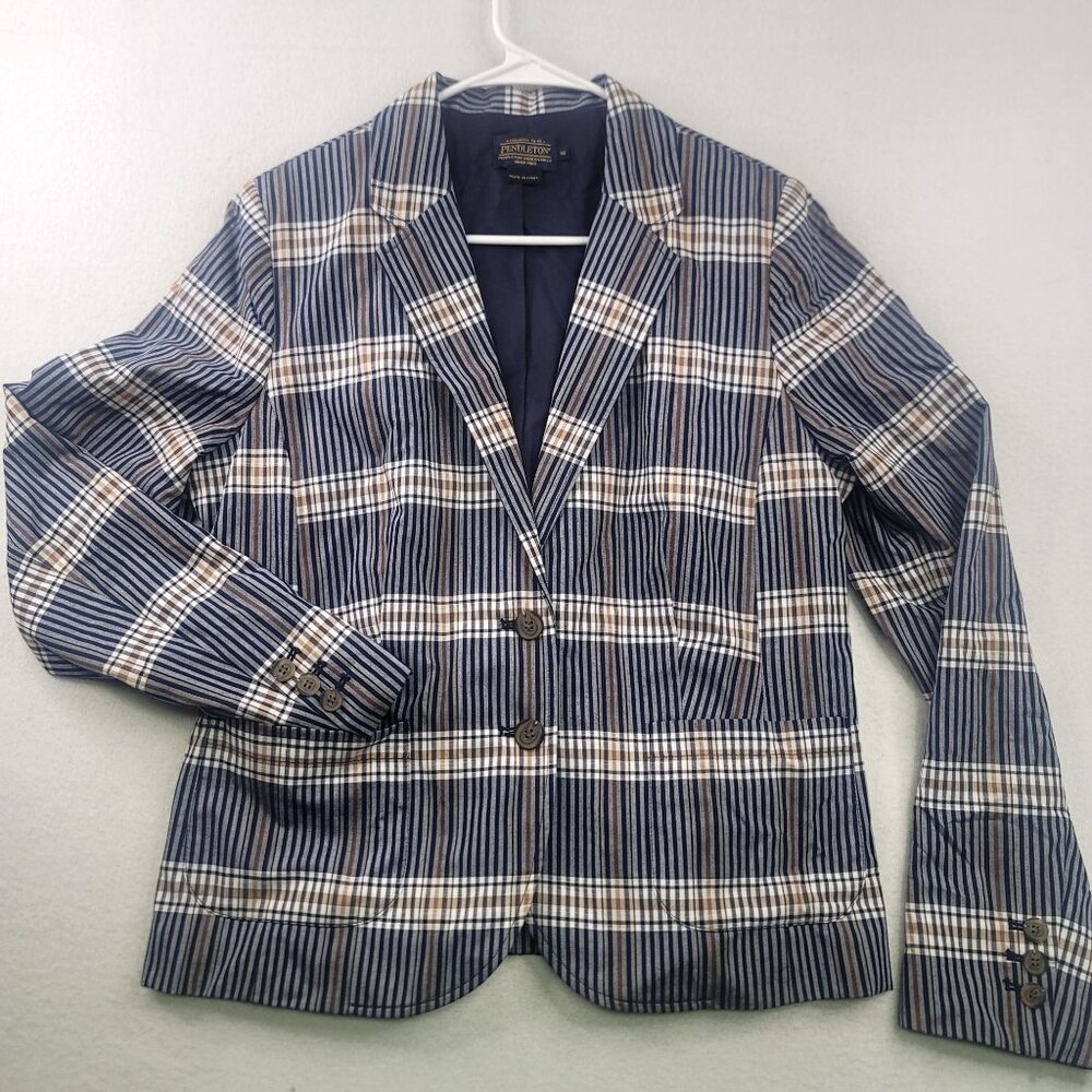 Pendleton Plaid Blazer Jacket Sze 12 Blue Brown Academia Preppy Corpcore Office
